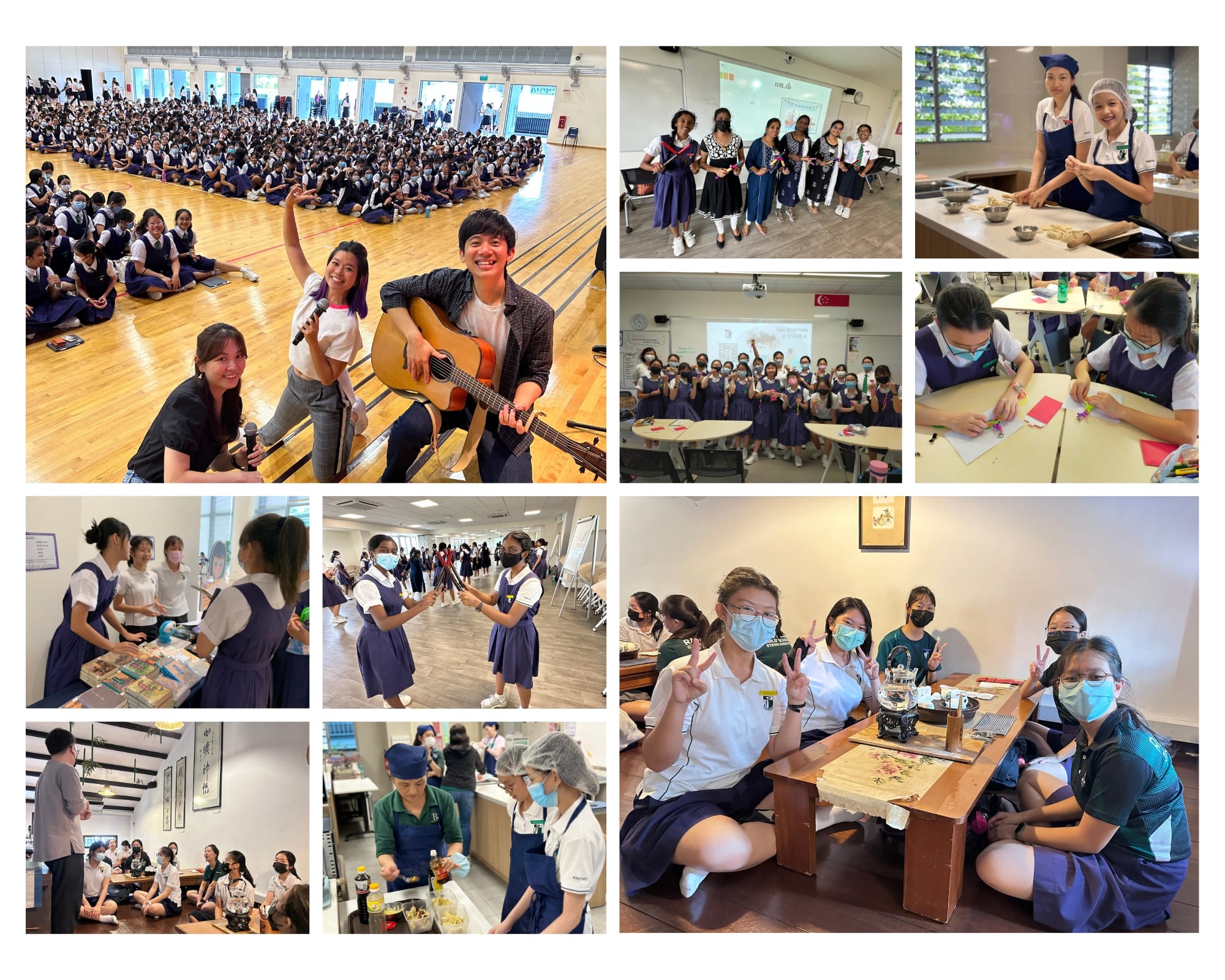 Collage of school students in uniforms doing various activities including cooking, crafts, dancing, and a guitar performance.